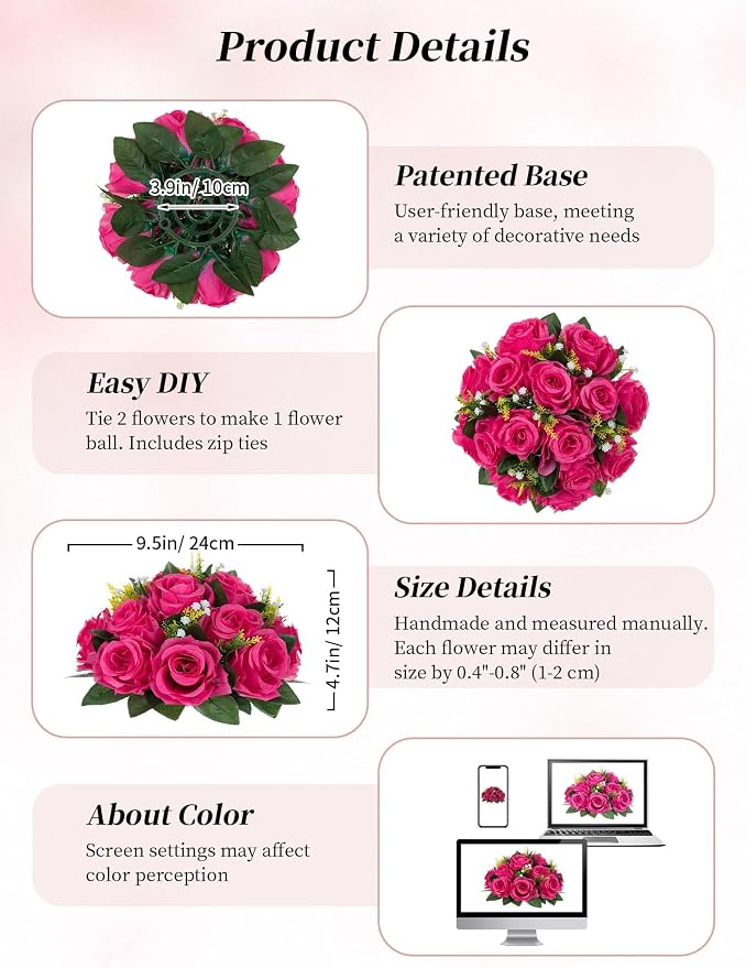 BLOSMON Hot Pink Flowers for Wedding: 10 Pcs Fakel Rose Balls for Table | Easy to Use Artifical Silk Kissing Bouquet Floral Arrangement for Home Party Event DIY Decoration