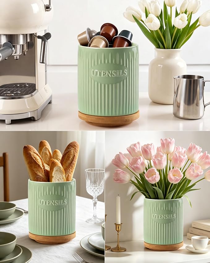 360° Rotating Utensil Holder, 7.6" Large Ceramic Kitchen Utensil Holder for Countertop with Rotatable Bamboo Base, Stable Cooking Utensil Crock, Farmhouse kitchen Decor, Green