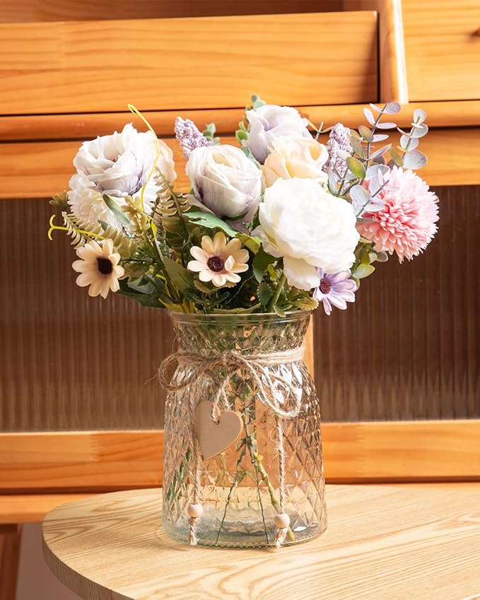 2 Pack Set Fake Flowers with Vase, Faux Peony Silk Flowers for Home Decor,Fake Flowers with Vase for Coffee Table Decor,Living Room Bathroom Plant Decor, Centerpiece Table Decorations