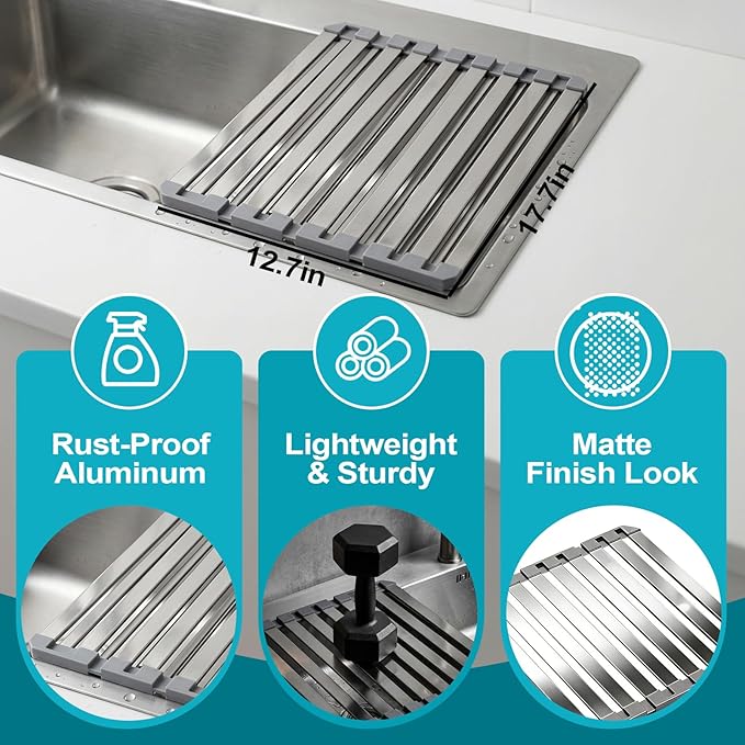Aluminum Dish Drying Rack, 17.7" x 13.4", Foldable, Rust-Proof, Non-Slip Silicone Base, Over Sink, Gray