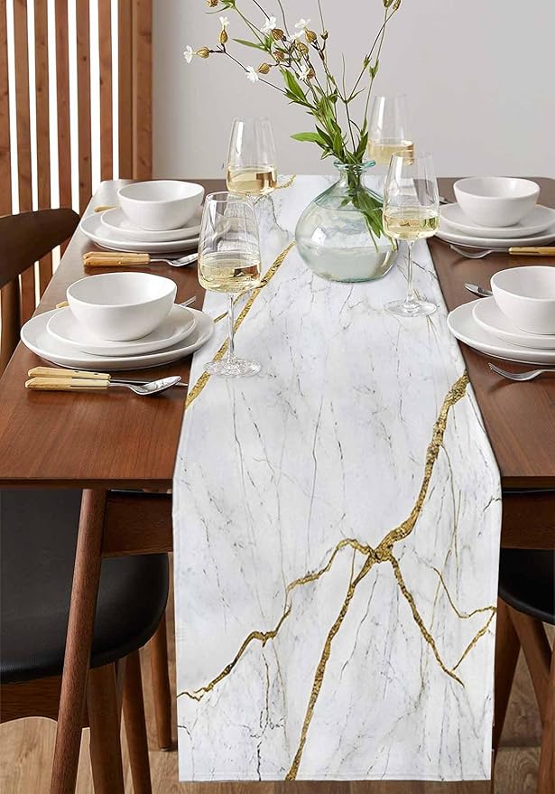 Marble White Gold Table Runner 90 Inch Long Dresser Scarves Modern Abstract Marble Cotton Linen Tablerunners Farmhouse Rustic Dining Kitchen Burlap Table Setting Decor for Party Holiday Home, 13"x90"