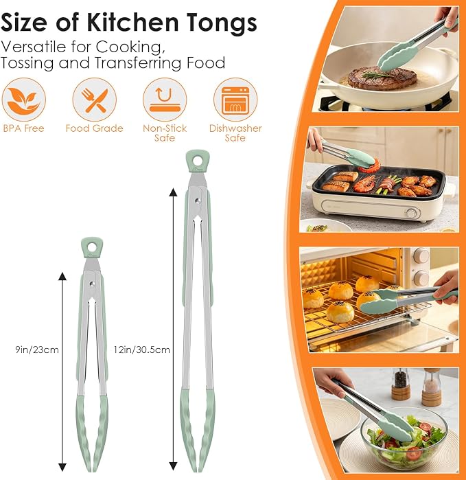 HOTEC Silicone Kitchen Tongs Set of 2-9" and 12" Locking Stainless Steel Cooking Tongs with Silicon Tips Non-Scratch Heat Resistant 600°F for BBQ, Grill, Air Fryer & Serving, Light Green