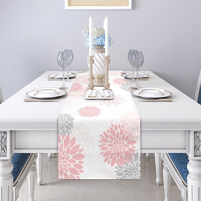 Dahlia Flower Table Runner 13x71 Inch Farmhouse Pink Gray Runners Modern Table Decorations Rustic Geometric Coffee Table Runner for Home Kitchen Dining Room Party (13"x71", Dahlia Floral-Pink)