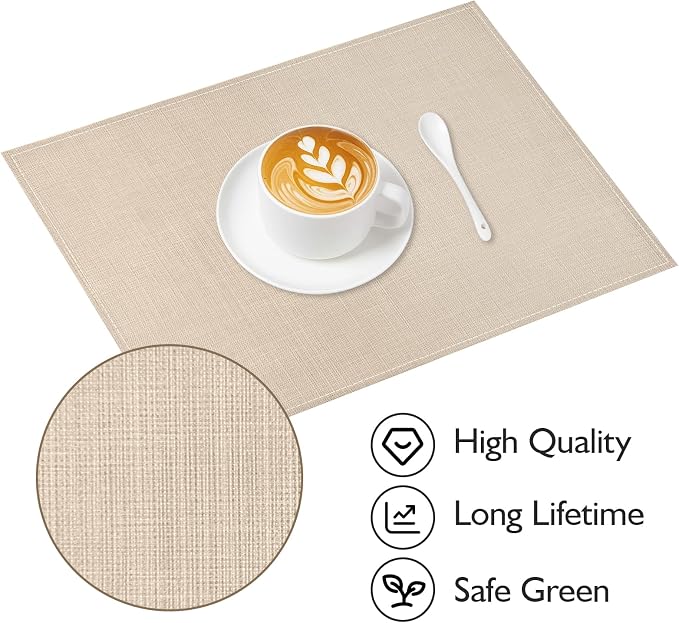 Niviy Beige Placemats Set of 6, 12x18 Inch Washable Easy to Clean Heat-Resistant Anti-Skid Beige Placemats for Holiday Party Kitchen Dining Room Decoration