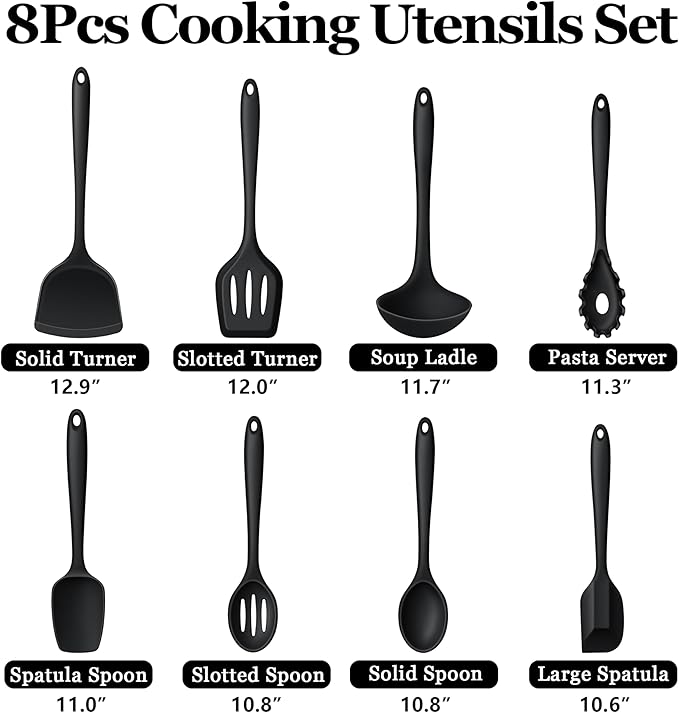 LIANYU 8Pcs Cooking Utensils Set, Heat Resistant Kitchen Utensils, Silicone Utensils Spatula Set for Nonstick Cookware with Spatula, Ladle, Turner, Spoon, Dishwasher Safe, Black