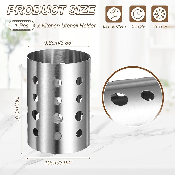 uxcell Kitchen Utensil Holder, 3.9x5.5 Stainless Steel Utensil Cutlery Holder Round Flatware Organizer with Drain Hole for Kitchen Restaurant Countertop Straw, Spoon, Chopstick, Silver