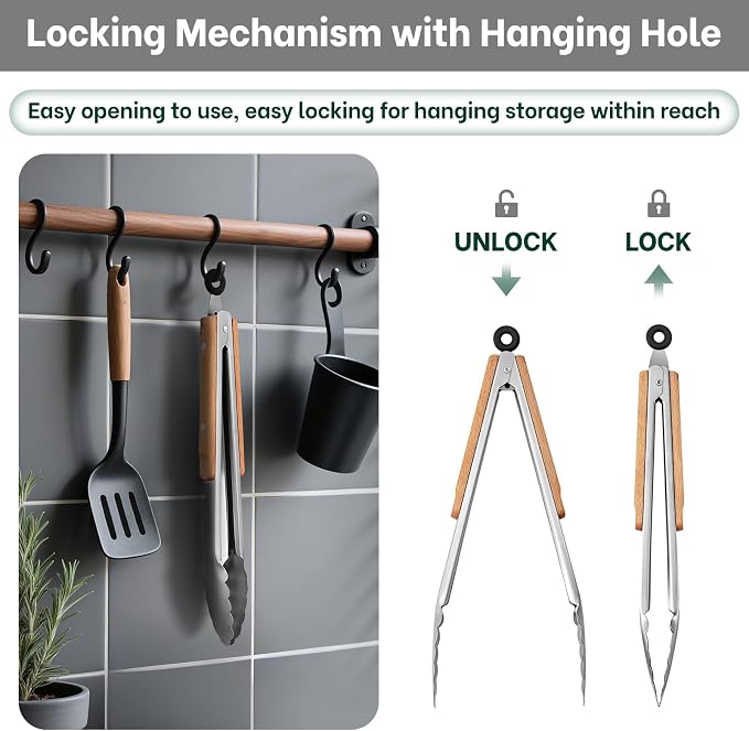 Beneno 12-Inch Stainless Steel Kitchen Tongs for Cooking with Heat-Insulating Wooden Grip Handle, Heavy Duty Heat-Resistant Metal Locking Tongs with Strong Scalloped Tips for Cooking, BBQ, Grab Food