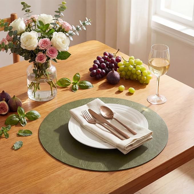 Artoid Mode Olive Green Faux Leather Placemats Set of 12, 15 Inch Waterproof Wipeable Heat Resistant Vinyl Place Mats, Reversible Table Mats for Kitchen Dining Decor