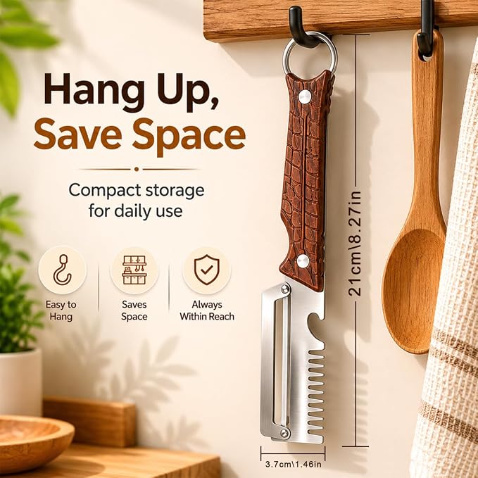2Pack 3-in-1 Vegetable Peeler with Faux Wood Handle, Stainless Steel Julienne Peeler & Scallion Shredder with Built-In Bottle Opener, Kitchen Peeler for Potato, Carrot, Cucumber, Apple & Fruits