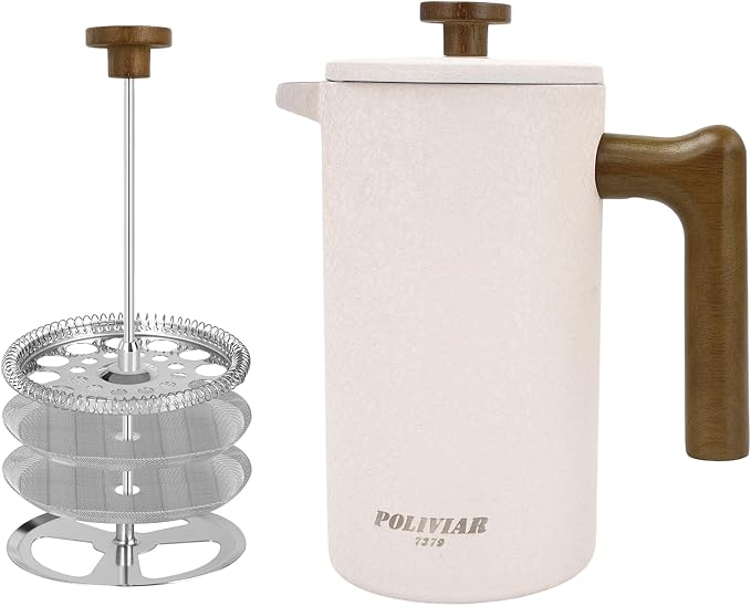 POLIVIAR French Press Coffee Maker, 34 oz | Real Wood Handle Coffee Press, Double Wall Insulation, Dual-Filter Screen, Food Grade Stainless Steel, For Coffee and Tea