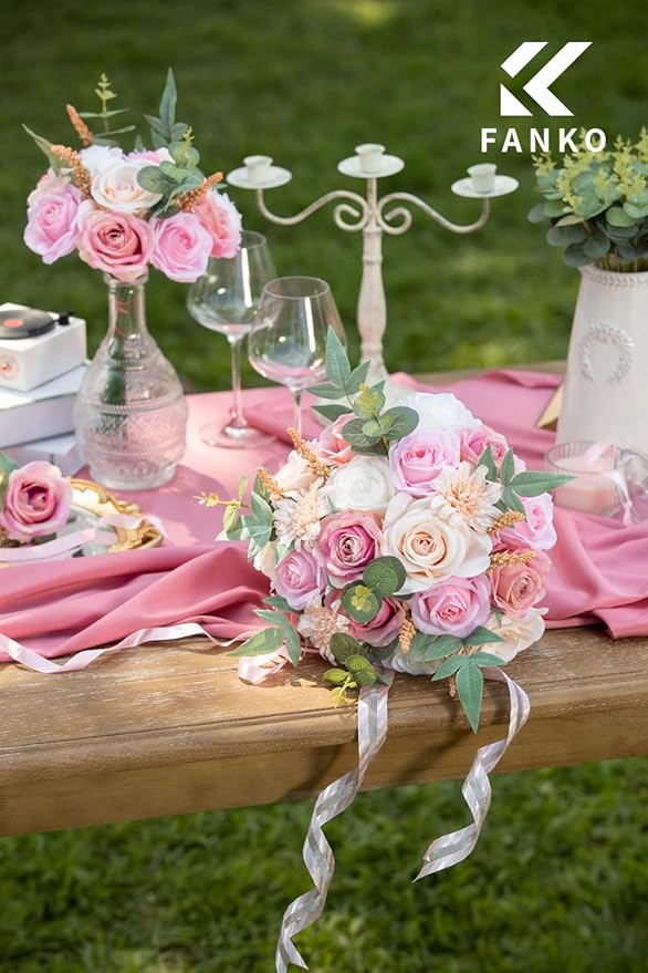 FANKO Artificial Flowers for DIY, Pink Blush Ivory Pale Peach Faux Flowers Bouquet, Fake Flowers with Roses Daisy Silk Flowers for Vase, Home Decor, Wedding Centerpiece, Floral Arrangement Décor