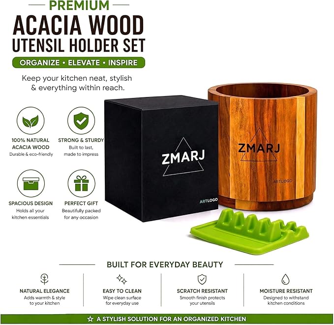 Acacia Wood Utensil Crock Pair With Green Spoon Rest Holder perfect for Kitchen Counter, Rotating 360° Wooden Utensil Holder, Countertop Decor, Utensil Organizer