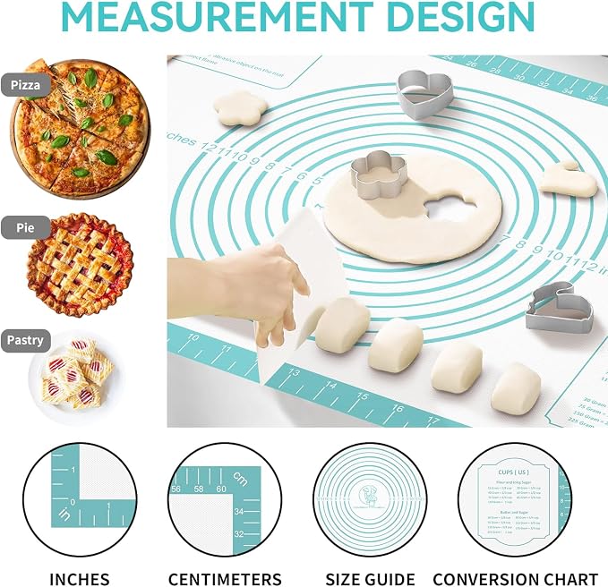 Non Stick Silicone Pastry Mat for Dough Rolling, Silicone Baking Mat with Measurement, Nonslip Fondant/Pie Crust Mat for Making Cookies Macarons Baking Tools Mint 32 x 24 Inch