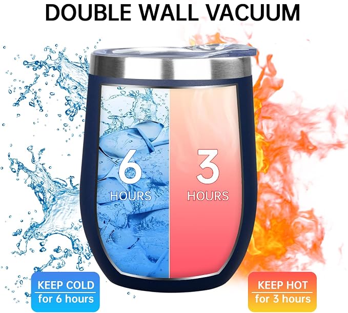 MEZMUT 12 Oz Insulated Wine Tumbler with Lid Double Wall Vacuum Stainless Steel Wine Glass Coffee Mug Insulated Tumbler Cup for Champaign, Cocktail, Beer (Navy, 4 Pack)