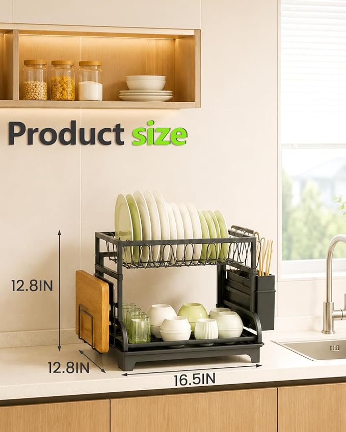 2-Tier Foldable Dish Drying Rack with Drainboard, Stainless Steel Large Capacity Kitchen Counter Organizer with Cup Holder, Utensil & Cutting Board Storage, No Assembly Required, Black