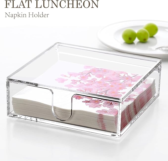 DINGHUO Acrylic Napkin Holder, 7"x 7"x 2.4" Flat Luncheon Napkin Dispenser with Lid, Clear Flip-top Waterproof Paper Napkin Container Organizer for Table, Kitchen, Indoor & Outdoor, Bathroom Vanity