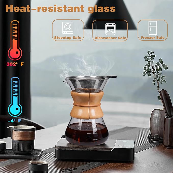 Pour Over Coffee Maker with Reusable Stainless Steel Drip Filter, Lead-Free Borosilicate Glass Coffee Carafe with Modern Wooden Collar for 1-6Cup, Circular Clear (800ml/27oz)