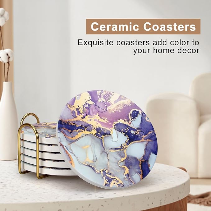 Purple Agate Coasters with Holder Drink Coaster Set of 6 Modern Marble Coasters Unique Coaster for Coffee Table Decor Gift Women Kitchen Accessories Bar Coster Cup Cool Cute Ceramic Coasters