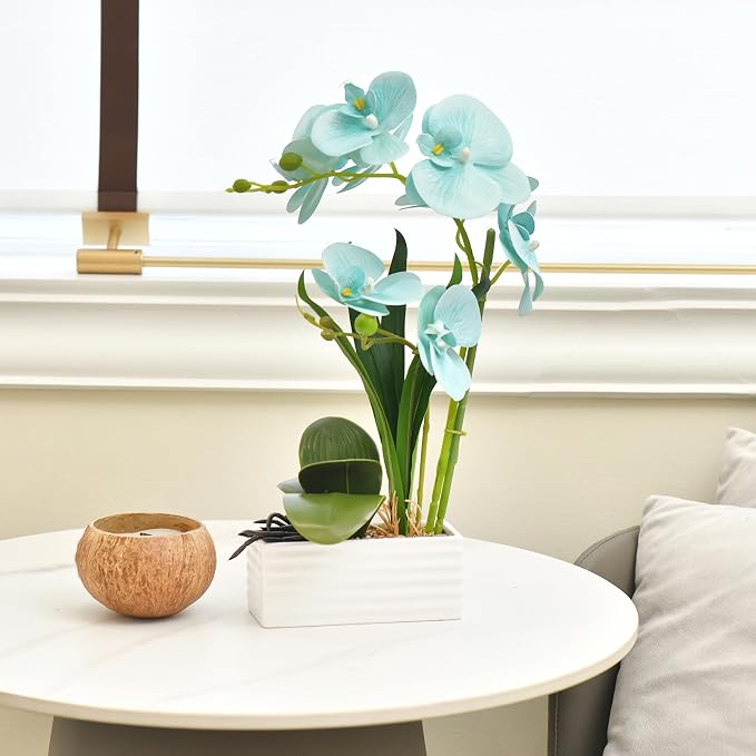 Artificial Real Touch Orchid Flowers in Pot Fake Phalaenopsis Flower with White Ceramic Vase Faux Orchids Arrangement for Home Table Office Wedding Party Decoration (Golden Blue)
