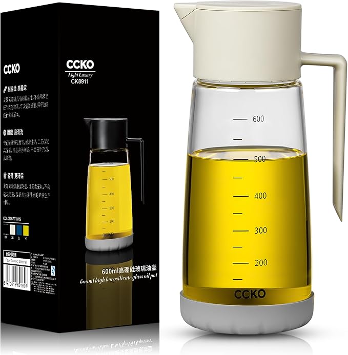 Olive Oil Dispenser Bottle for Kitchen with Leakproof and Dust Cover, Auto-Open & Close Glass Olive Oil Bottle with Non-Slip Bottom 600ml Cooking Oil and Vinegar Cruet Dispenser (Off-White)