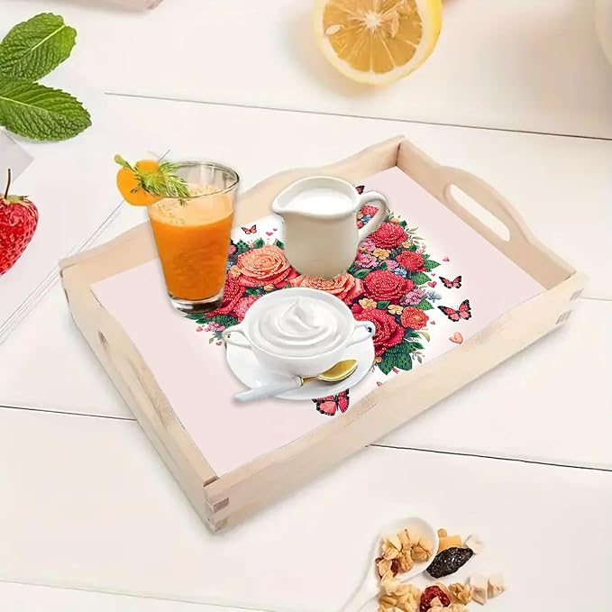 BAYUNOE DIY Diamond Serving Tray Rectangular Wooden Breakfast Tray with Handle Handmade Diamond Art Painting Spring Creative Dinner Plate Coffee Room Living Home Organizer-Rose Heart