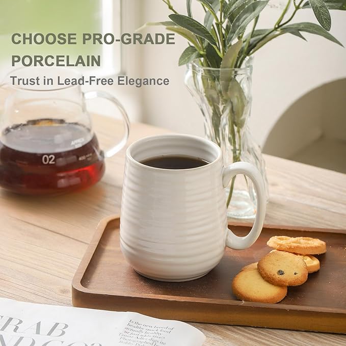 HASENSE Coffee Mugs, 12 Ounce Ceramic Coffee Cups Set of 4, Latte Mug with Handle for Milk, Cocoa, Cappuccino, Tea Cup for Mom Gift, Dishwasher Microwave Safe, Clay-Infused White