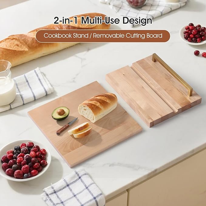 Cookbook Stand with Removable Cutting Board – Adjustable Recipe Book Holder, Charcuterie Board & Kitchen Serving Tray, Kitchen Counte Decor (Gold)