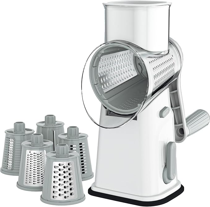 Ourokhome Rotary Cheese Grater Cheese Shredder with 5 Interchangeable Blades, Rotary Grater with Non-slip Suction Base Hand Crank Slicer for Vegetable Nuts White