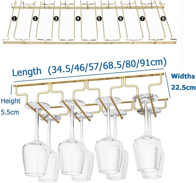 SAGIDAR Hanging Wine Glasses Metal Rack, Wine Glass Rack Under Cabinet, Stainless Steel Stemware Rack, Width 18/22.5/28cm, Sturdy and Durable, Long Stem Glass Holders