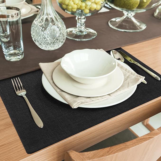 homing Faux Cotton Linen Placemats Set of 8, Cloth Washable Farmhouse Dining Table Mats for Indoors & Outdoors, Easy to Clean, Black, 13 x 19 Inch