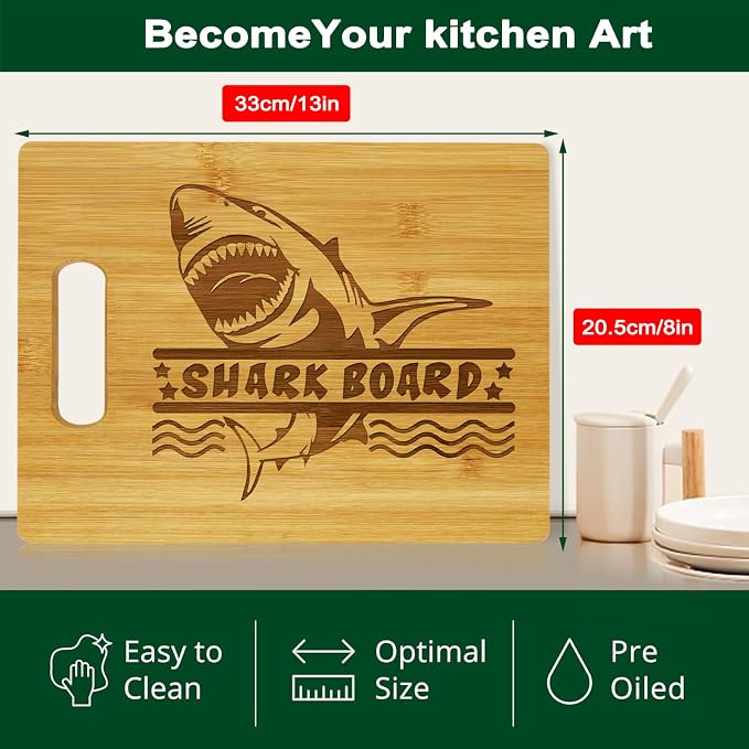Bamboo Cutting Board for Kitchen, Heavy Duty Wood Shark Charcuterie Boards with Juice Groove, 100% Organic Bamboo, Pre Oiled, 13"