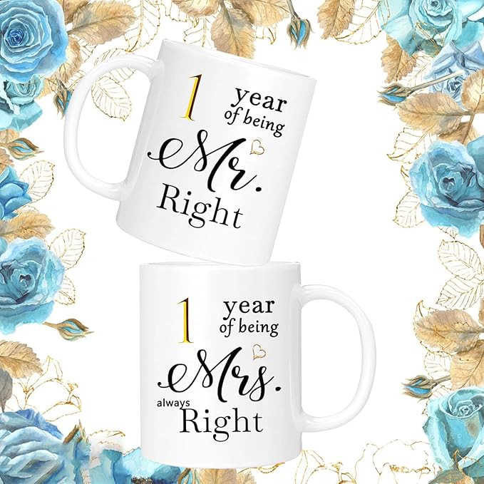 1st Anniversary Coffee Mugs Set of 2, First 1th One Year Anniversary Engagement Gifts for Boyfriend, Girlfriend, Wife Husband Parents Couple, 11oz