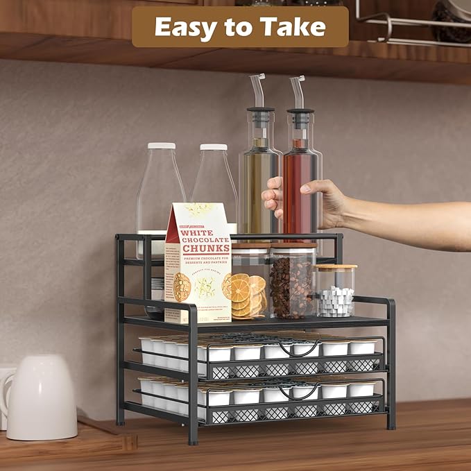 OGEMXU Coffee Bar Organizer, Coffee Pod Organizer,3 Tier Coffee Syrup Rack Organizer,72 K Cup Storage for Counter Storing K Cup,Coffee Syrups, Coffee Makers and Other Coffee Supplies-Black