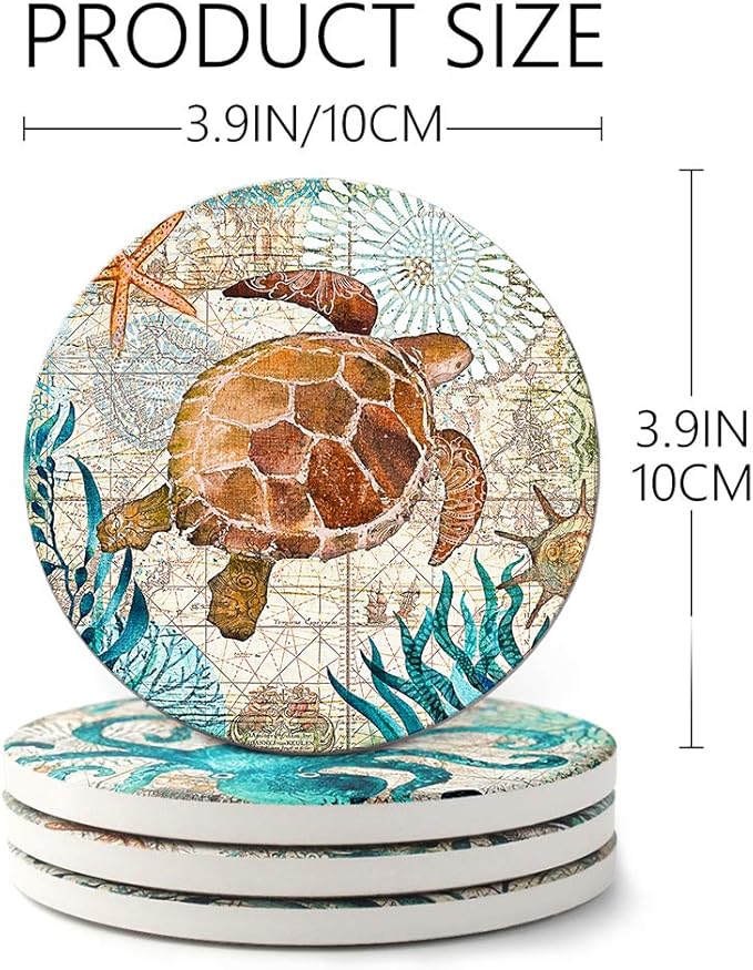 Teivio Absorbing Stone Sea Ocean Life Coasters for Drinks, Cork Base with Holder,Coastal Decor Beach Theme Tropical,for Housewarming Apartment Kitchen Bar Decor, For Wooden Table Coffee table,Set of 8