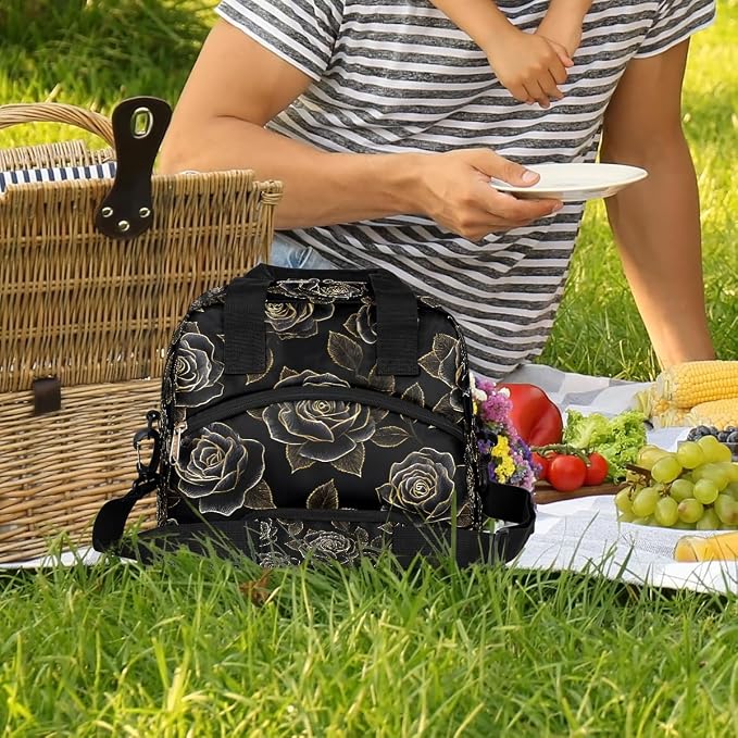 Pardick Black Golden Roses Insulated Lunch Bag for Women Leakproof Lunch Box Large Cooler Thermal Tote Bag with Shoulder Strap Meal Prep Bags for Work School Office Picnic Teen Girls Adult