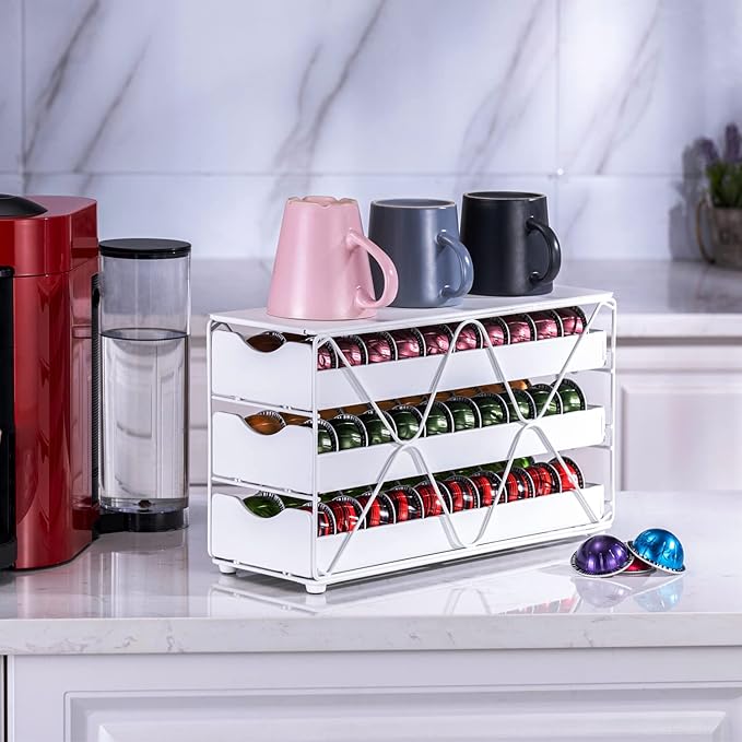 FlagShip for Nespresso Pod Holder Drawer 3 Tier Coffee Capsule Holder for Nespresso Vertuo Pod with Elegant White(60 Pods Capacity)