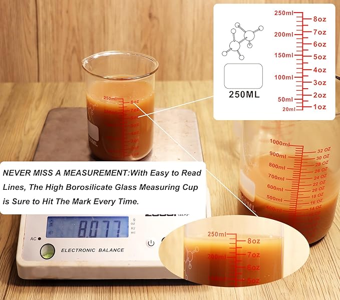 High Borosilicate Glass Measuring Cup-V-Shaped Spout,250ml(8OZ) Glass Measuring Beaker for Kitchen or Restaurant, Easy to Read