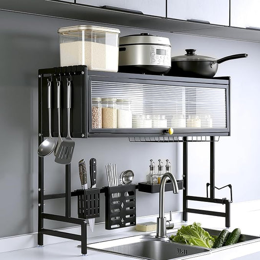 Over the Sink Dish Drying Rack 3 Tier with Cover – Rust Resistant Over Sink Dish Rack, Space Saving Tall Drying Rack for Kitchen, Dish Rack Over Sink Holds Dishes Glasses Bowls & Cutlery