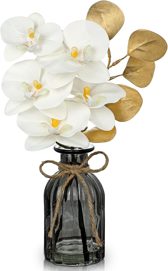 Oairse Artificial Orchids Flowers in Vase Faux Orchids Arrangement Small White Orchid & Eucalyptus Plant with Glass Vase Fake Phalaenopsis Orchid Centerpiece for Bathroom Bedroom Dining Room Table