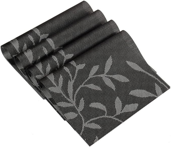Placemats, Placemats for Dining Table Set of 4, Kitchen Table Mats Heat-Resistant Non-Slip Washable PVC Woven Vinyl Place Mats for Dining Room Table Decoration (Set of 4, Black Leaf)
