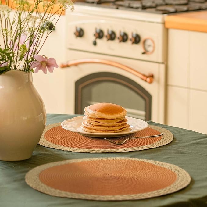 Noctiflorous Braided Round Placemats Set of 4, 15 Inch Woven Table Mats, Non-Slip Washable Wide Edge Place Mats for Kitchen Dining Table Decor (Orange, 4)