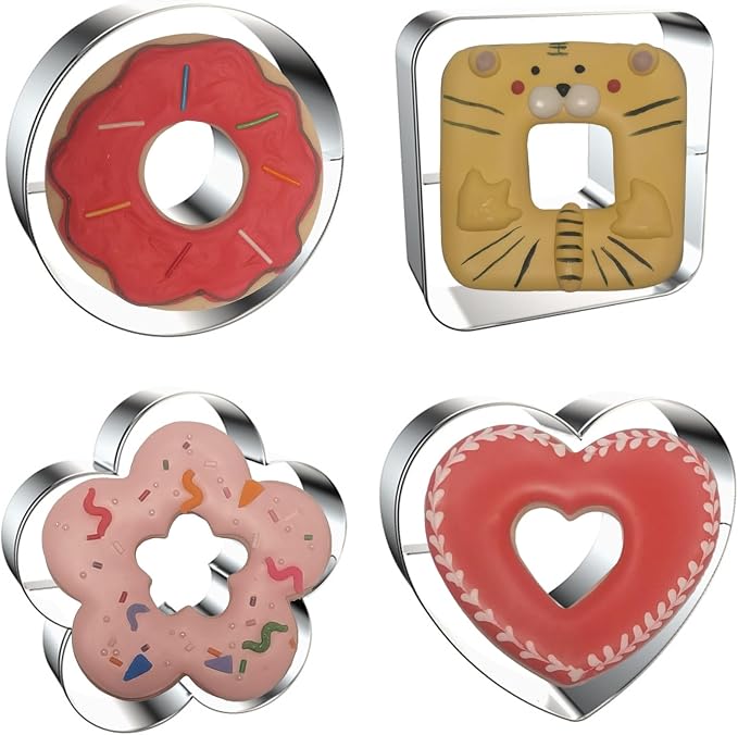 4-Piece Linzer Cookie Cutters Set - Stainless Steel Large Fondant Biscuit Molds for Birthday Party, Graduation, Christmas, and Holiday Baking DIY (Round, Square, Heart, Flower)
