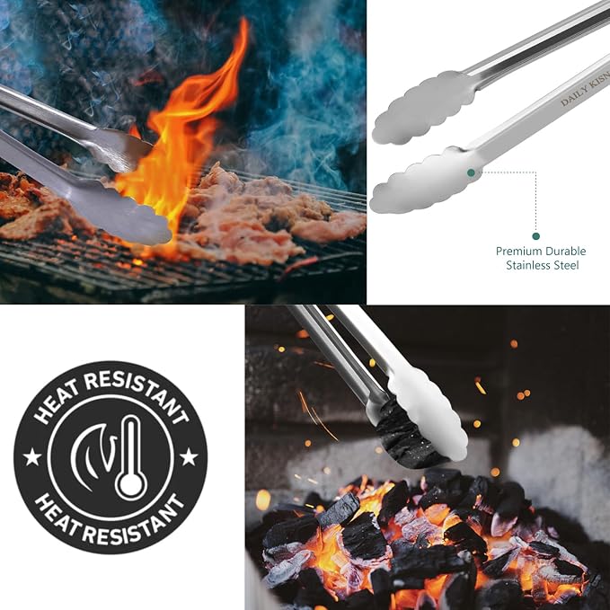 Grill Tongs, 17 Inch Extra Long BBQ Tongs, Premium Stainless Steel Metal Tongs for Cooking, Grilling, Charcoal, Barbecue/BBQ, Buffet (17", 2PCS) | For Cooking/Serving/Grilling | Heat-Resistant | Dishwasher Safe