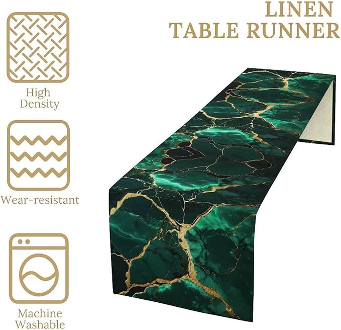 Marble Table Runner, Abstract Dark Green and Gold Modern Luxury Texture Printed Linen Table Runners for Farmhouse Kitchen Dining Room Party Holiday Home Decor 13" W x 72" L