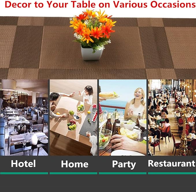 Placemats, Washable PVC Table Mats, Woven Vinyl Placemat for Dining Table Place Mats Set (6 Placemats and 1 Table Runner, Brown)