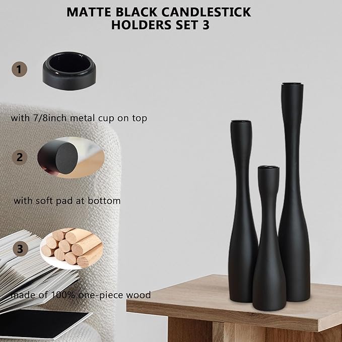 Candle Holder Black Candlestick Holders 3,Tall Taper Candle Holders Set of 3 for Candlesticks(12"/10"/7.5" H),Modern Farmhouse Candle Stick Candle Holder for Decor