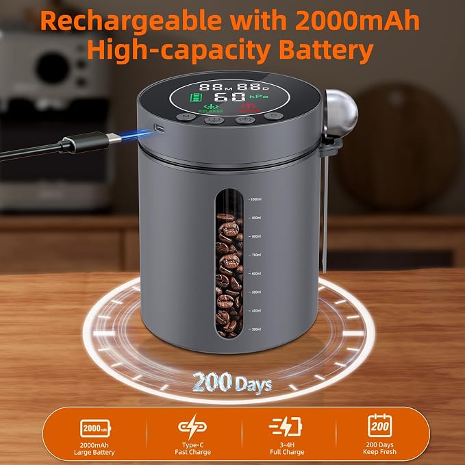 Automatic Vacuum Coffee Canister, 1.3L Airtight Food Storage Containers with Smart Pressure Sensor, Electric Coffee Bean Container Rechargeable with LED Display Window for Home Kitchen Food Storage