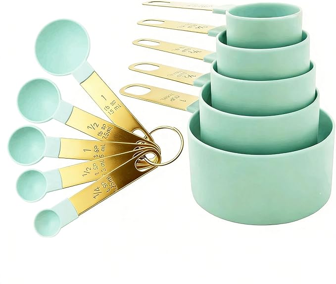 10-Piece Measuring Cups and Spoons Set, PP with Sturdy Titanium Gold Plated Handles, Nested Kitchen Measuring Tools for Dry and Liquid Ingredients,Mint Green