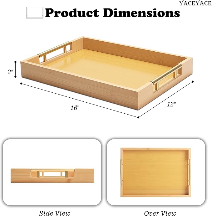 Bamboo Serving Tray with Metal Handles, 15.75" x 11.8" x 1.7" Medium Serving Tray for Kitchen Counter, Food, Ottoman Coffee Table, Bathroom