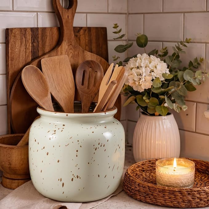 Qinyoung Rustic Kitchen Utensil Holder 6 Inch Small Ceramic Utensil Holder with Handle Vintage Crock Decoration Spatula Organizer for Kitchen Countertop Farmhouse Party Supplies(Natural, No Handle)